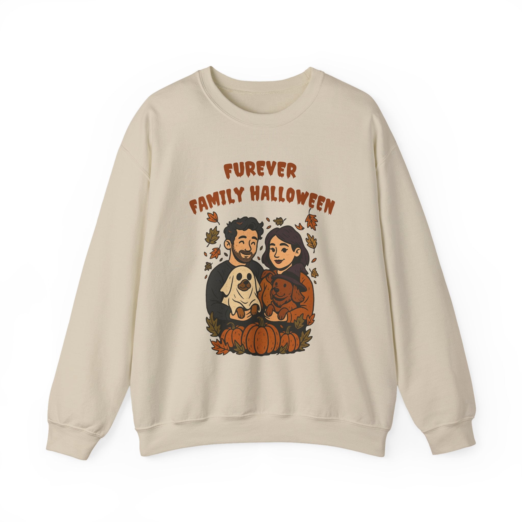Halloween Family Sweatshirt — “Furever Family Halloween” Couple & Dog Pumpkin Crewneck