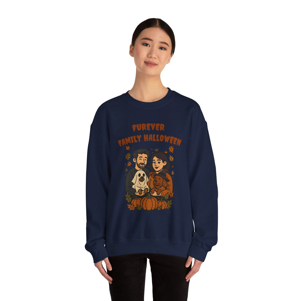 Halloween Family Sweatshirt — “Furever Family Halloween” Couple & Dog Pumpkin Crewneck