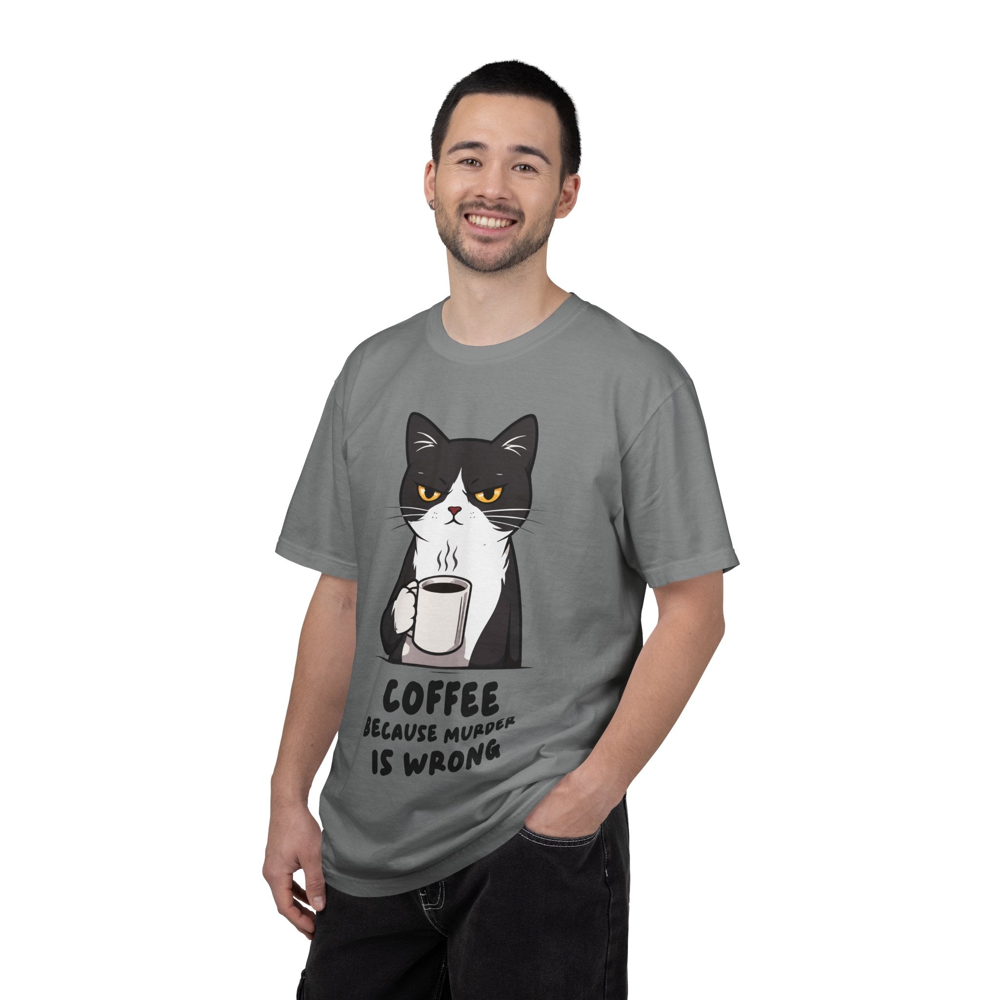 Funny Cat Coffee T-Shirt – “Coffee Because Murder Is Wrong” | Sarcastic Cat Lover Graphic Tee