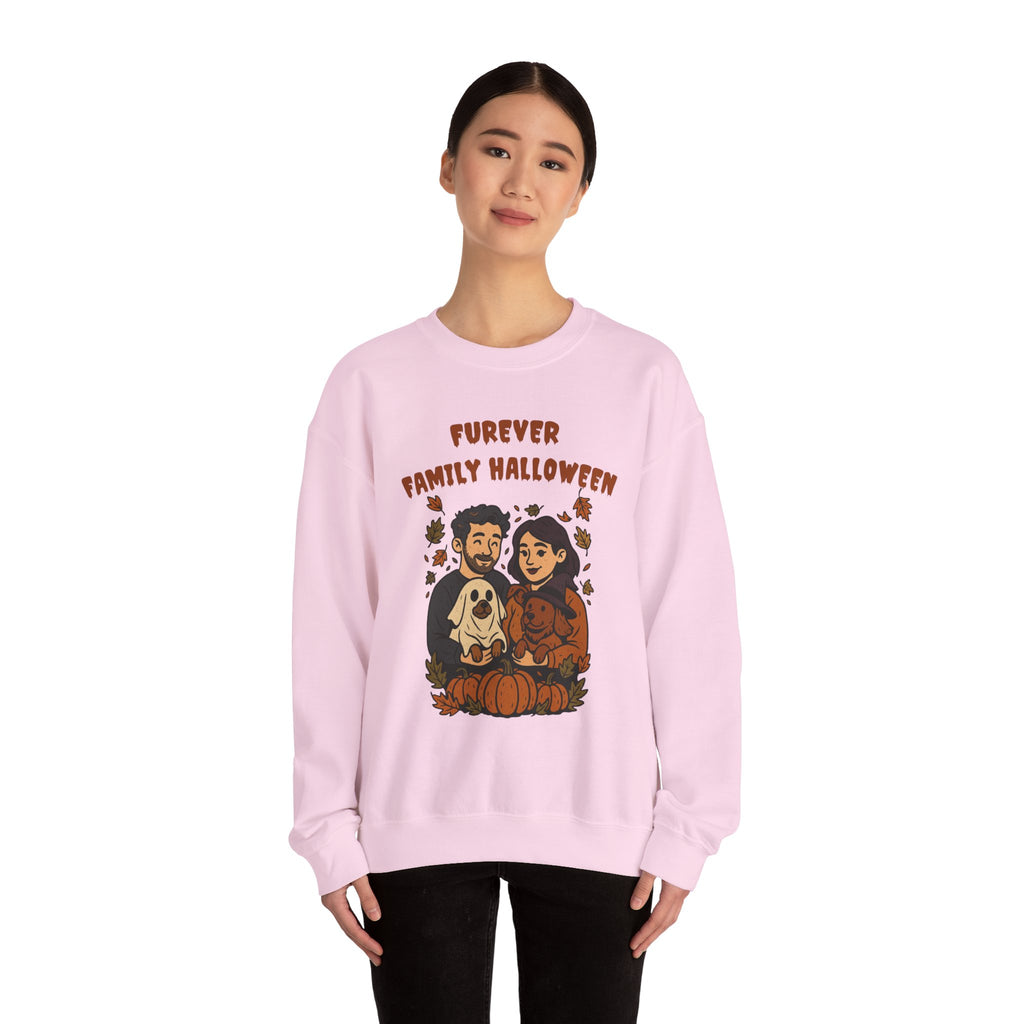 Halloween Family Sweatshirt — “Furever Family Halloween” Couple & Dog Pumpkin Crewneck
