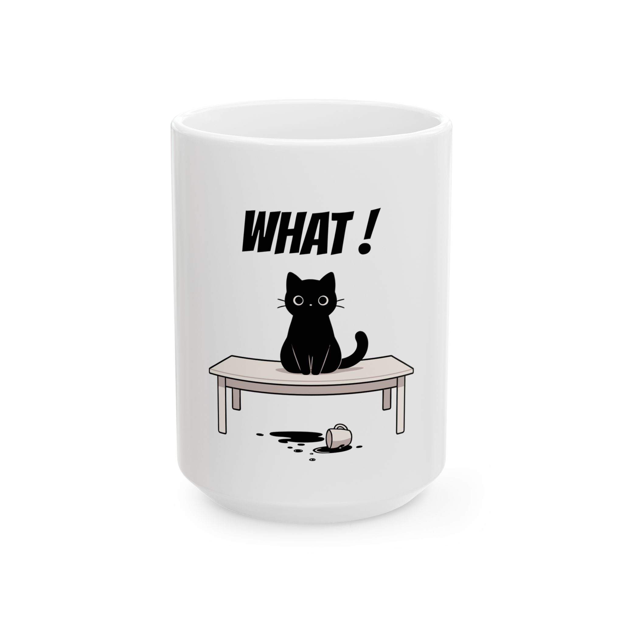 Funny Cat Coffee Mug – Spilled Coffee “What..” Cat Illustration | Cute Cat Lover Gift