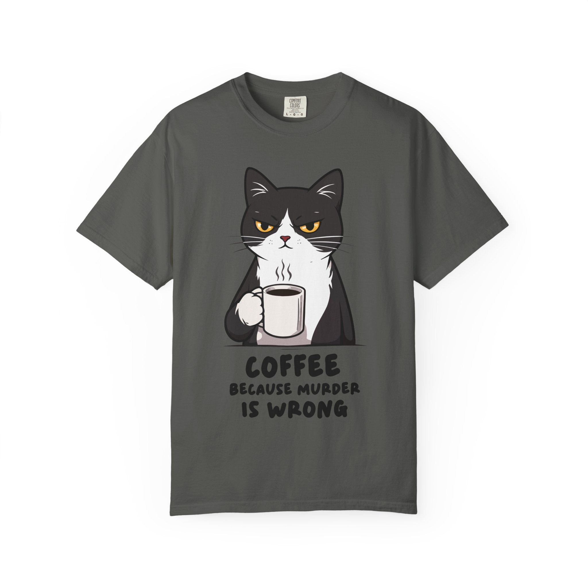 Funny Cat Coffee T-Shirt – “Coffee Because Murder Is Wrong” | Sarcastic Cat Lover Graphic Tee
