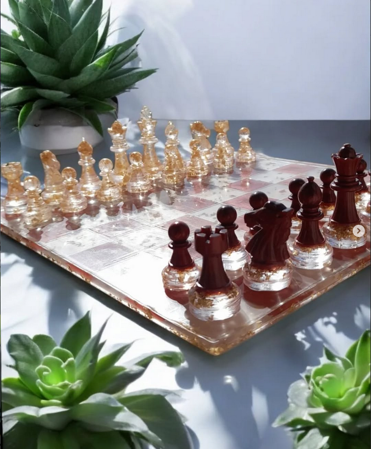 Luxury Epoxy Resin Chess Board – Handmade Gold & Maroon Chess Set – Artistic Resin Board Game Gift