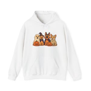 Cute Halloween puppies with pumpkins and witch hat on cozy hoodie design