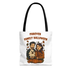 Couple holding dogs dressed as ghost and witch with Furever Family Halloween quote