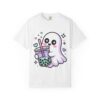 Cute ghost holding a bubble tea drink in kawaii spooky aesthetic style