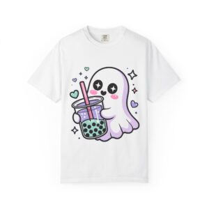 Cute ghost holding a bubble tea drink in kawaii spooky aesthetic style