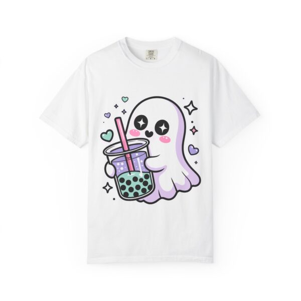 Cute ghost holding a bubble tea drink in kawaii spooky aesthetic style