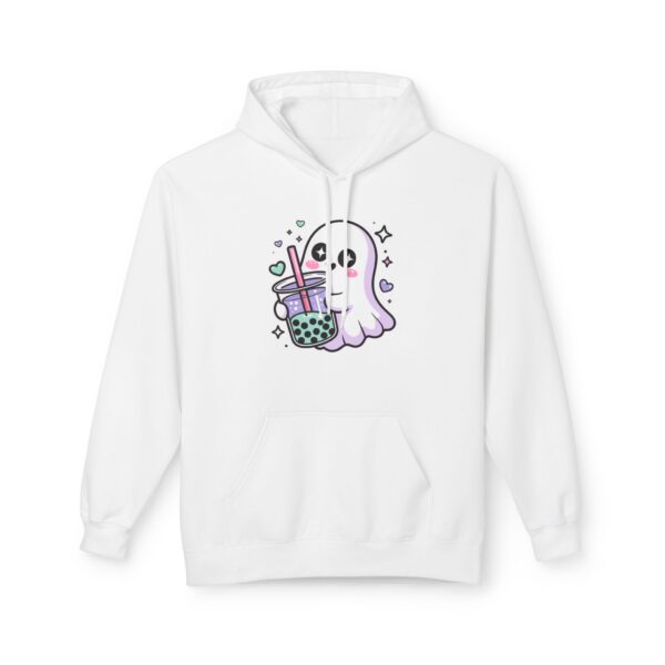 Cute ghost holding a bubble tea drink in kawaii spooky aesthetic style