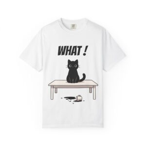 Funny Cat Graphic Tee – Spilled Coffee “What..” Shirt | Cute Cat Meme T-Shirt | Aesthetic Streetwear