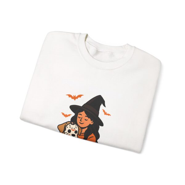 Witch Girl with Pumpkin & Dog Sweatshirt — Cute Halloween Crewneck