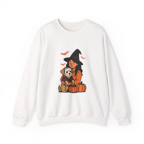 Witch Girl with Pumpkin & Dog Sweatshirt — Cute Halloween Crewneck