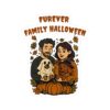Couple holding dogs dressed as ghost and witch with Furever Family Halloween quote