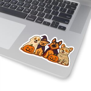 Cute Halloween puppies with pumpkins and witch hat on cozy sticker design