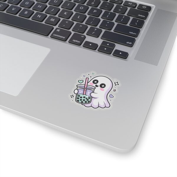 Cute ghost holding a bubble tea drink in kawaii spooky aesthetic style