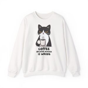 Funny cat holding coffee cup with Coffee Because Murder Is Wrong quote