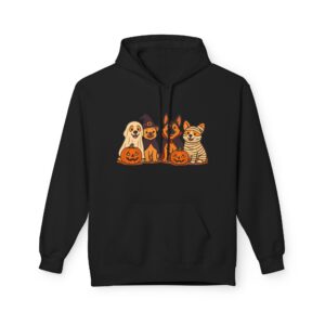 Cute Halloween puppies with pumpkins and witch hat on cozy hoodie design