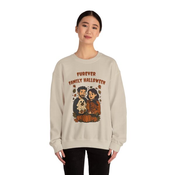 Halloween Family Sweatshirt — “Furever Family Halloween” Couple & Dog Pumpkin Crewneck