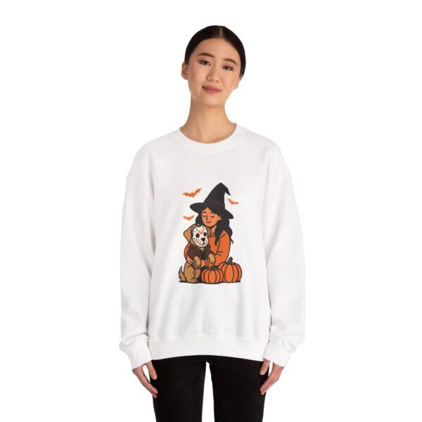 Witch Girl with Pumpkin & Dog Sweatshirt — Cute Halloween Crewneck