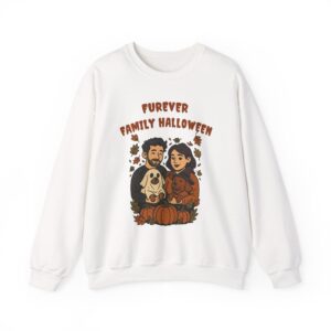 Couple holding dogs dressed as ghost and witch with Furever Family Halloween quote