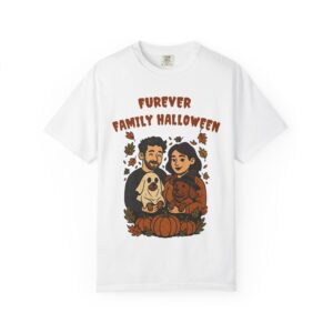 Couple holding dogs dressed as ghost and witch with Furever Family Halloween quote