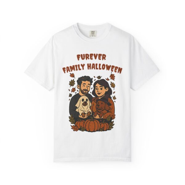 Couple holding dogs dressed as ghost and witch with Furever Family Halloween quote