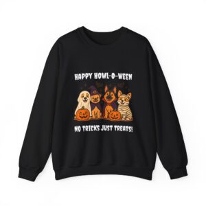 Four dogs dressed as Dracula ghost witch and mummy with Happy Howl O Ween quote