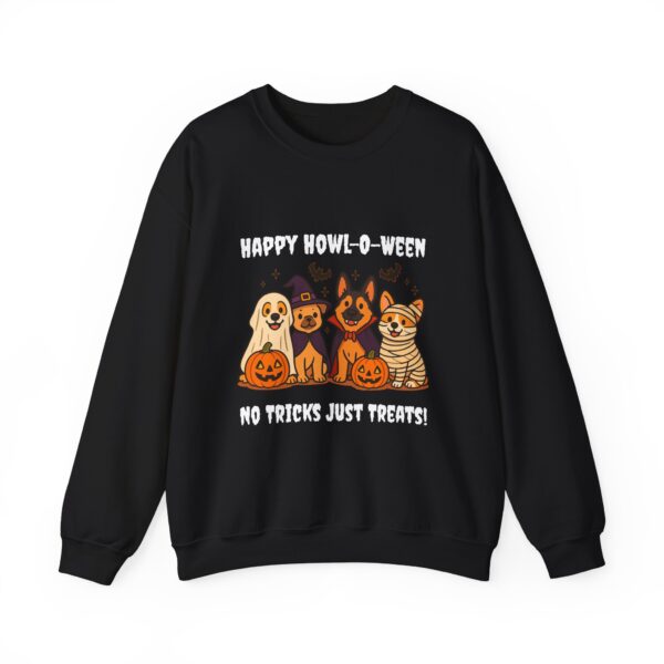 Four dogs dressed as Dracula ghost witch and mummy with Happy Howl O Ween quote