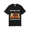 Four dogs dressed as Dracula ghost witch and mummy with Happy Howl O Ween quote
