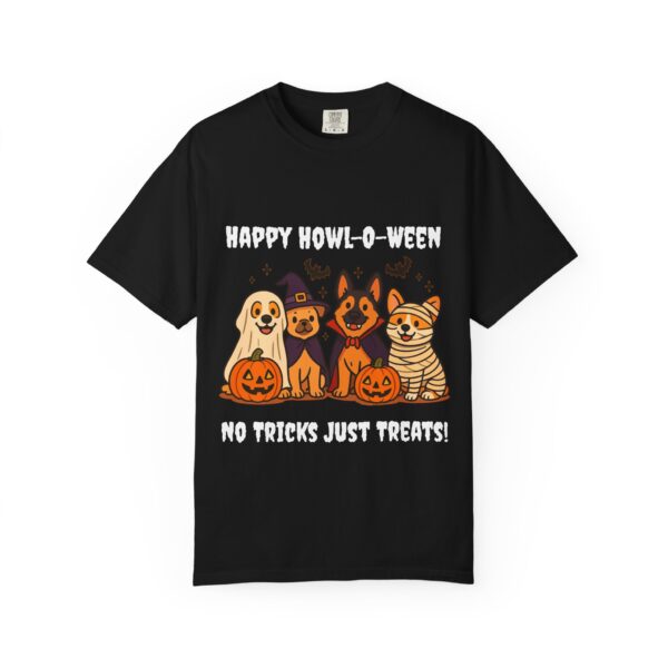 Four dogs dressed as Dracula ghost witch and mummy with Happy Howl O Ween quote