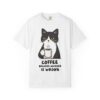Funny cat holding coffee cup with Coffee Because Murder Is Wrong quote
