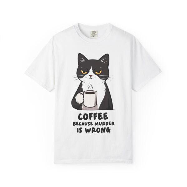 Funny cat holding coffee cup with Coffee Because Murder Is Wrong quote