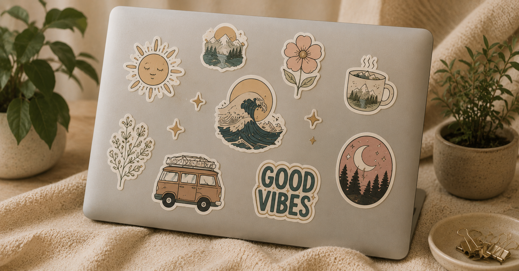 Decorative stickers featuring original illustrations for laptops, notebooks, and accessories.