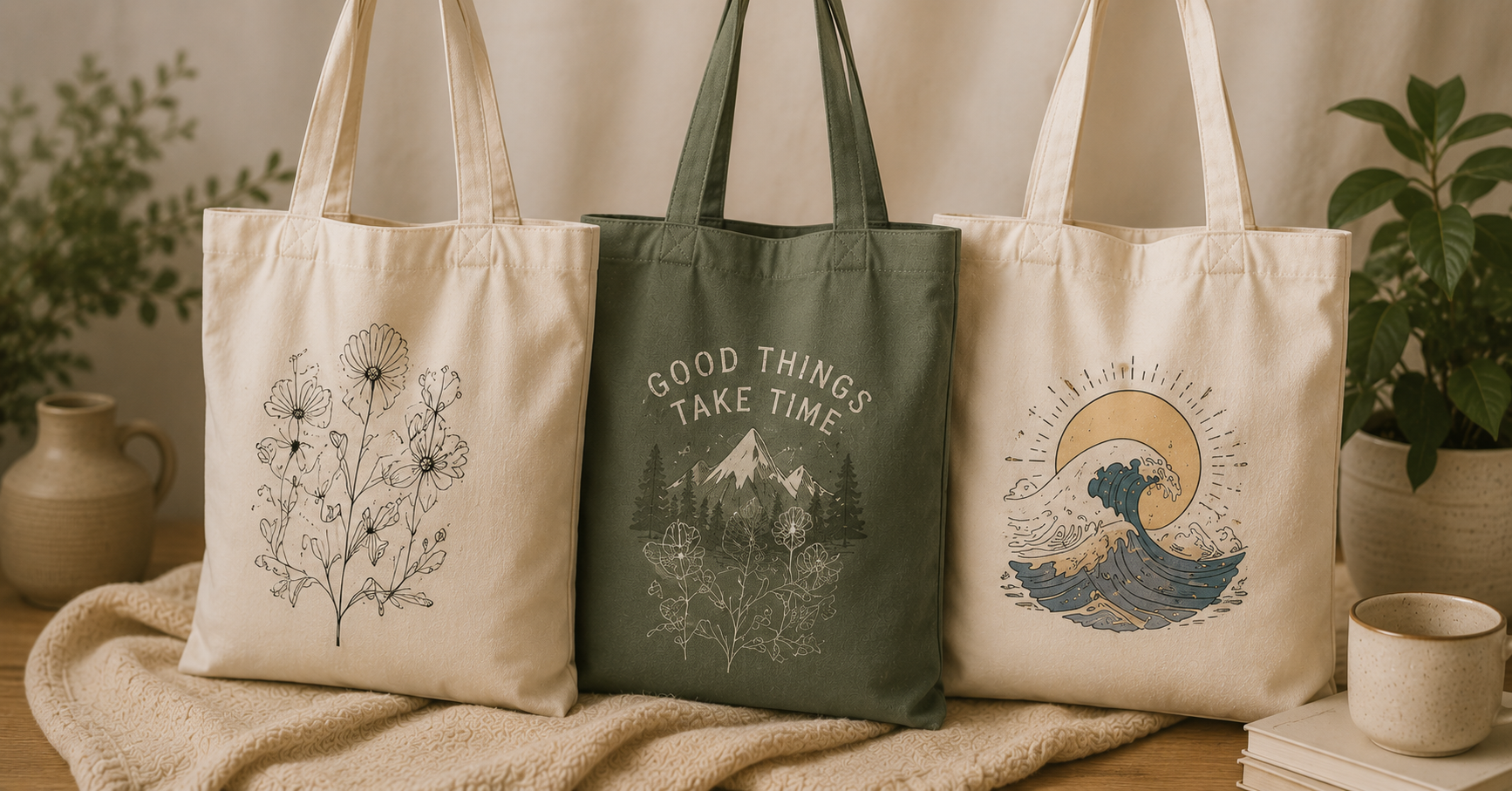 Reusable tote bags featuring original artistic designs for everyday use.